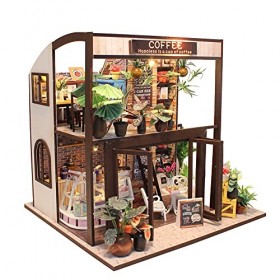 WonDerfulC 3D Coffee House Kit de maison de poupée miniature en bois assemblée à la main Modèle Coffee Shop avec housse anti-