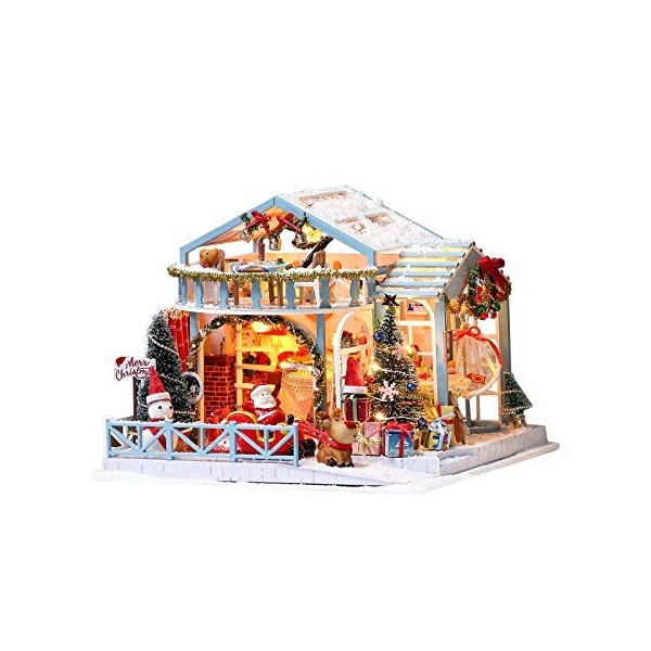 Jouet artisanal de puzzle de Noël en bois 3D, Kit miniature de maison de poupée Jouet de maison en bois avec cadeau de lumièr