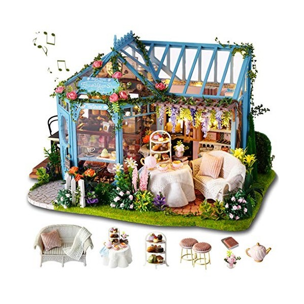 GuDoQi Kit de Maison de Poupée Miniature Bricolage avec Musique, Boutique de Jardin de thé à la Main avec des Meubles, Kits d