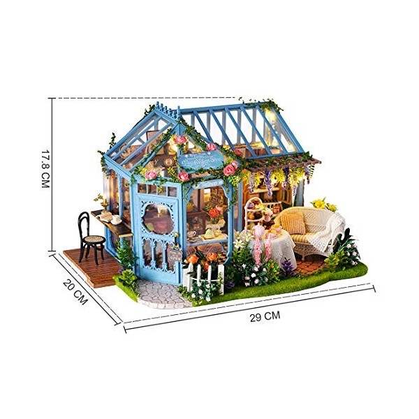 GuDoQi Kit de Maison de Poupée Miniature Bricolage avec Musique, Boutique de Jardin de thé à la Main avec des Meubles, Kits d