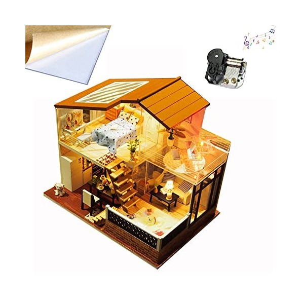 XLZSP ZQW Kit miniature maison de poupée DIY avec meubles, maison miniature en bois 3D avec housse anti-poussière et mouvemen