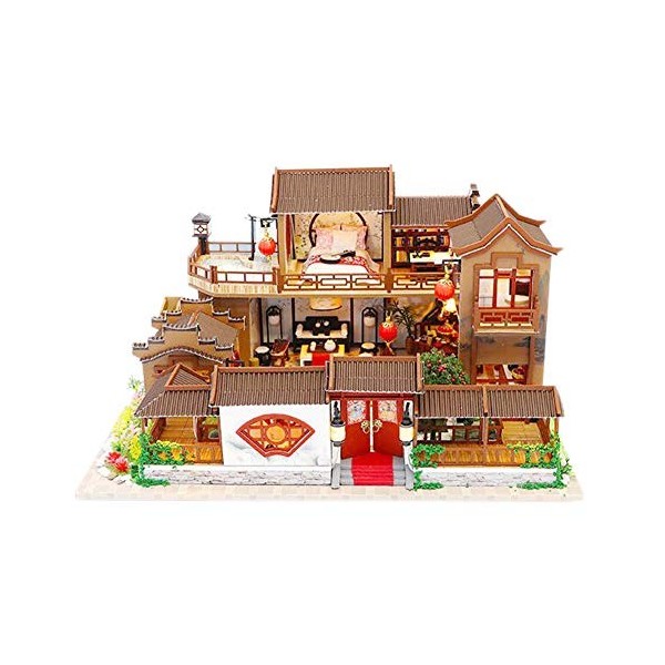 HEYANG Maison de poupée miniature de style chinois Datang avec éclairage LED et meubles assemblés à la main