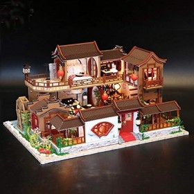 HEYANG Maison de poupée miniature de style chinois Datang avec éclairage LED et meubles assemblés à la main