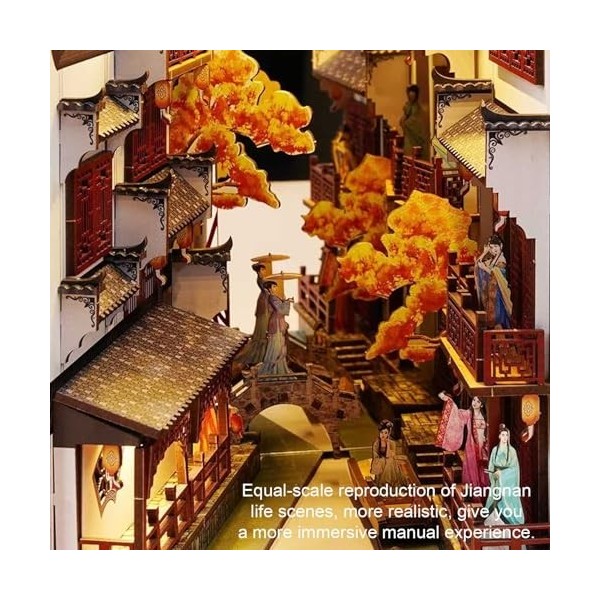 Kit de Coin de Livre Jiangnan Misty Rain, Booknook de Maison de Poupée Bricolage avec des Lumières, Allée de Décor Dinsertio