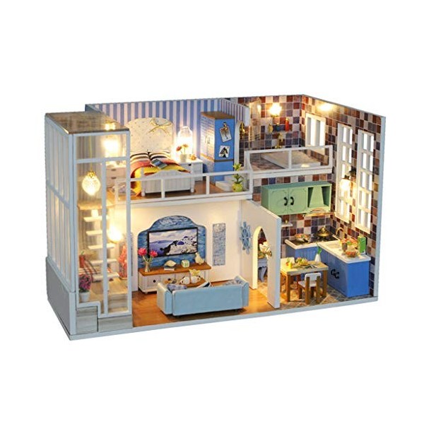 Momola Poupée Bricolage en Bois Jouet LED Mini Maison De Poupée Ensemble Jouet Bonheur Urbain Style Assemblage Jouet Kit Cade