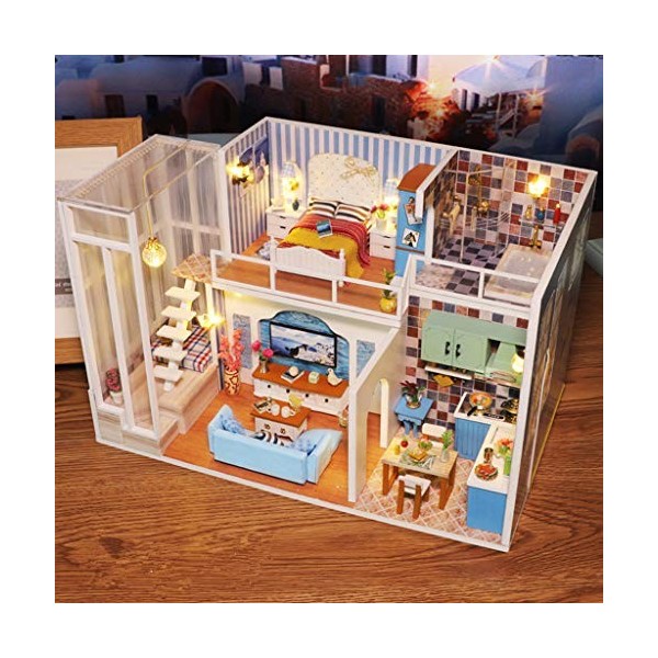 Momola Poupée Bricolage en Bois Jouet LED Mini Maison De Poupée Ensemble Jouet Bonheur Urbain Style Assemblage Jouet Kit Cade