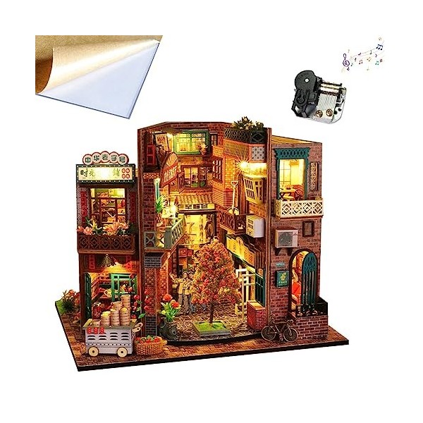 TOPBSFARNY DIYMiniature Dollhouse Kit de meubles en bois style vintage avec lumières LED et kit maison de poupée pour boîte à