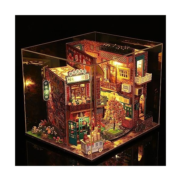 TOPBSFARNY DIYMiniature Dollhouse Kit de meubles en bois style vintage avec lumières LED et kit maison de poupée pour boîte à