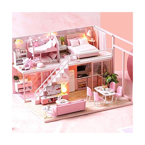 luckiner Mignon Mini maison de poupée miniature 3D en bois avec meubles avec housse anti-poussière et LED pour adolescents et