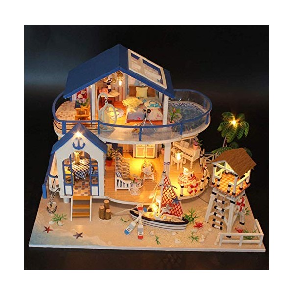 LLDKA Maison de poupées, Villa de Luxe de Vacances avec Vue sur la mer, Meubles et Accessoires, Maison en Miniature