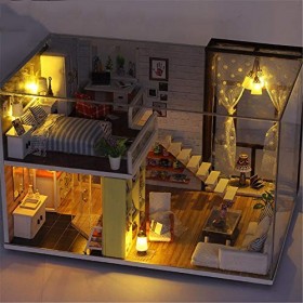 TONGQU Kits Maison PoupéE 3D, ModèLe Maison Miniature Bricolage Puzzle avec Meubles LED LumièRes Faciles à Assembler Cadeaux 