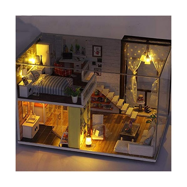 TONGQU Kits Maison PoupéE 3D, ModèLe Maison Miniature Bricolage Puzzle avec Meubles LED LumièRes Faciles à Assembler Cadeaux 