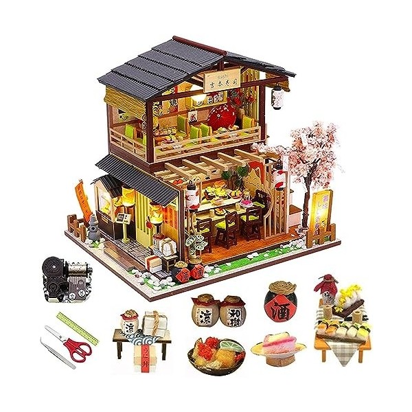 Kit de Maison De Poupée Bricolage, Kit de maison de poupée miniature à faire soi-même, modèle 3D vintage, restaurant de sushi
