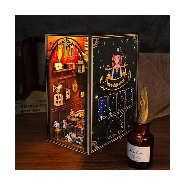 Book Nook Maison de Poupée en Bois, DIY Miniature, Modèle de Maison Puzzle avec Lumières LED, Maison, Décoration de Bibliothè