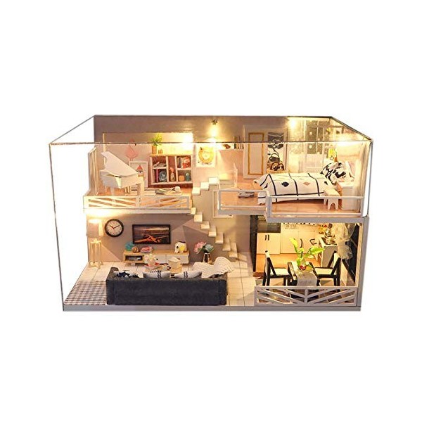 erhumama DIY Maison De Poupées Modèle Miniature en Bois Style Moderne Loft Dollhouse avec Meubles Anti-Poussière LED Lumières