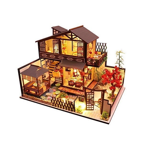 CUTEBEE Miniature avec des Meubles de Maison de poupée, kit DIY Dollhouse en Bois Ainsi Que la poussière et Le Mouvement de l