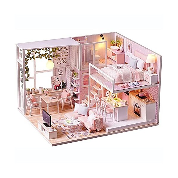 DLGF Maison de Poupée avec Modèle de Chalet Rose Clair LED, Maison de Poupées en Bois à Léchelle 1:24, Grand Cadeau Dartisa