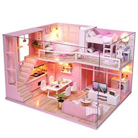 Natudeco Maison de poupée Miniature avec Meubles Bricolage Kit de Maison de poupée Rose Fille Loft Maison de poupée modèle Jo