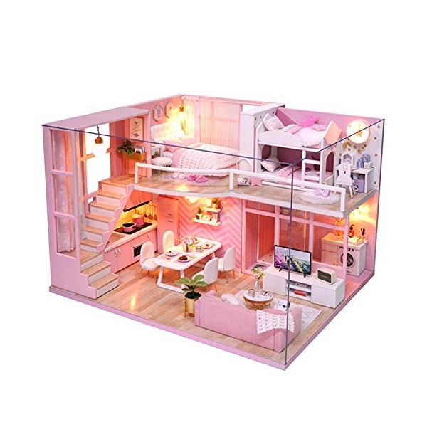 Natudeco Maison de poupée Miniature avec Meubles Bricolage Kit de Maison de poupée Rose Fille Loft Maison de poupée modèle Jo