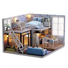 Natudeco Kit de Maison de poupée Miniature Bricolage 3D Puzzle en Bois Maison de poupée avec lumières LED Meilleur Cadeau da