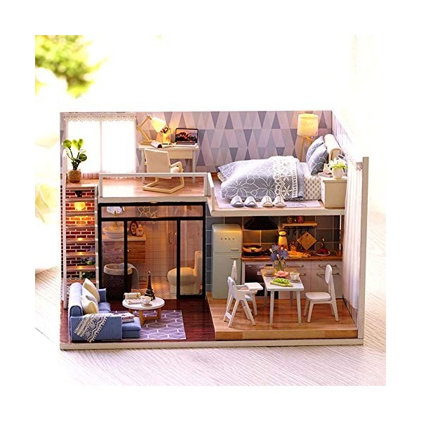 Natudeco Kit de Maison de poupée Miniature Bricolage 3D Puzzle en Bois Maison de poupée avec lumières LED Meilleur Cadeau da
