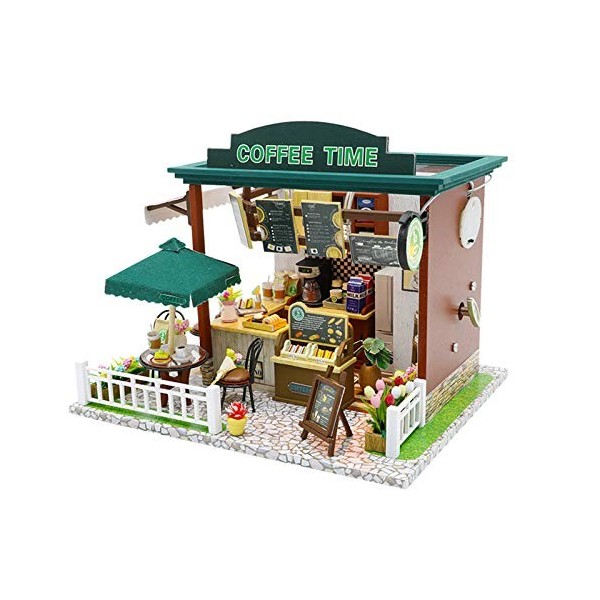 LANGWEI Dollhouse DIY Miniature Room Set, LED lumières café-Restaurant Miniature Assemblage de Meubles Modèle Jouets | Kit DI