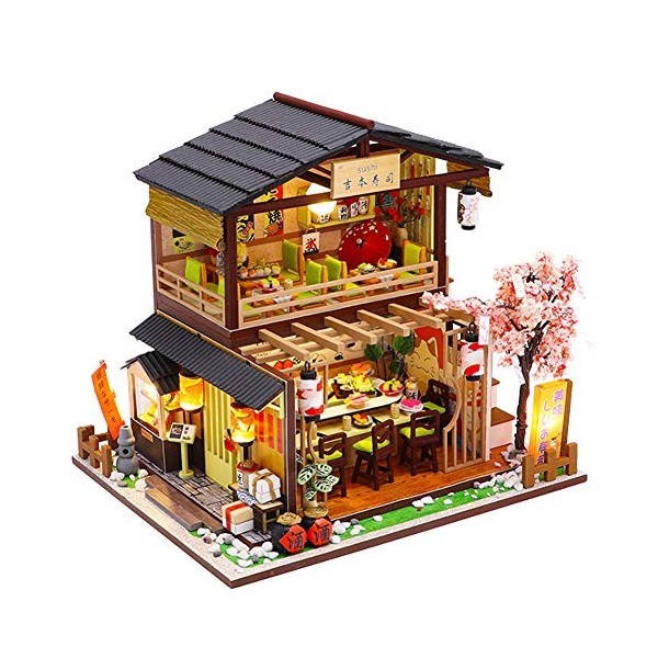 HEYANG DIY Japanese Style Sushi Shop Mini Dollhouse Wooden with Furniture Doll House Kits 3D Creative Gift Puzzle Toys Dust 