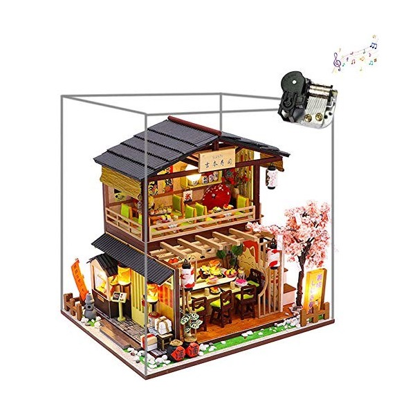 HEYANG DIY Japanese Style Sushi Shop Mini Dollhouse Wooden with Furniture Doll House Kits 3D Creative Gift Puzzle Toys Dust 