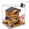 HEYANG DIY Japanese Style Sushi Shop Mini Dollhouse Wooden with Furniture Doll House Kits 3D Creative Gift Puzzle Toys Dust 