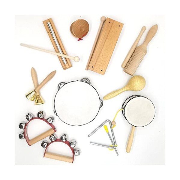 L&M Ensemble dinstruments de musique en bois pour bébés et tout-petits 16 pièces – Tambourin triangulaire maracas