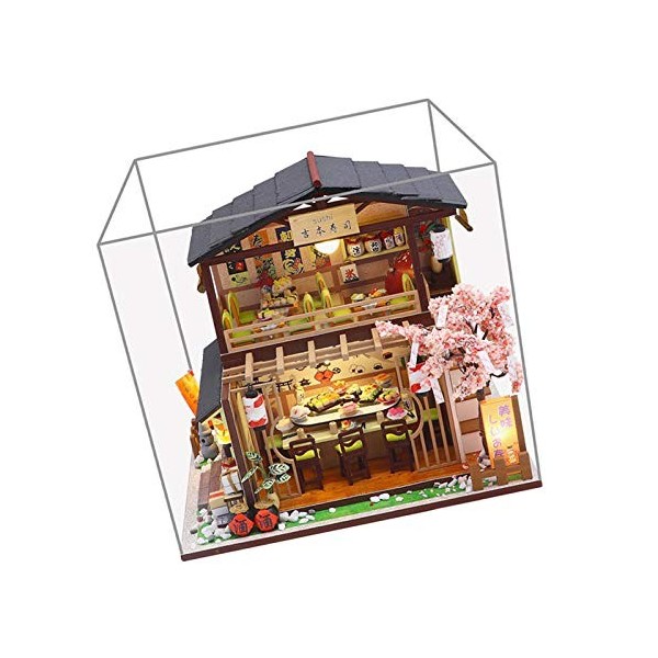 Miniatures japonaises,Maison poupée Miniature 3D - Restaurant Sushi en Bois dampoules LED, Mini Jouets en Bois Faits à la Ma