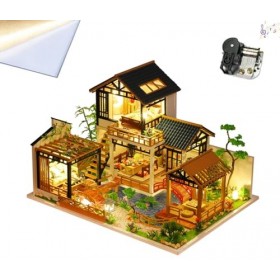 TOPBSFARNY Maison de poupée 3D assemblée en bois miniature à lancienne maison de style rustique avec housse anti-poussière e