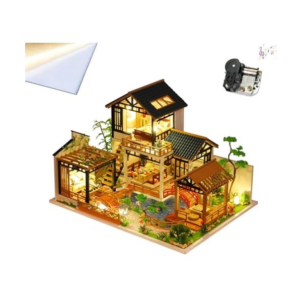 TOPBSFARNY Maison de poupée 3D assemblée en bois miniature à lancienne maison de style rustique avec housse anti-poussière e