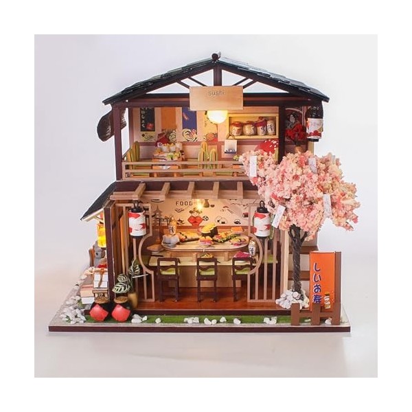 JANTY Maison de poupée en bois de style japonais avec lumières LED, décoration créative pour anniversaire