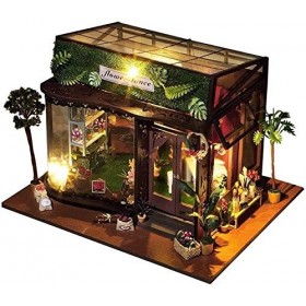 Mopoq Bricolage Dollhouse Miniature Kit & Jouets, Maison en bois Simulation main Café Assembling Maison de poupée avec la lum