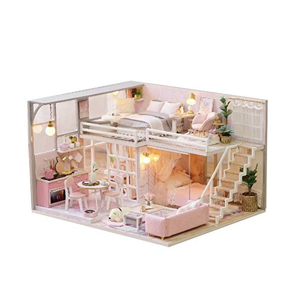 Miniatures de Maison de Poupée, Kit de Maison de Poupée avec Meubles et Lumière LED, Kit de Maison Miniature Bricolage, Cadea