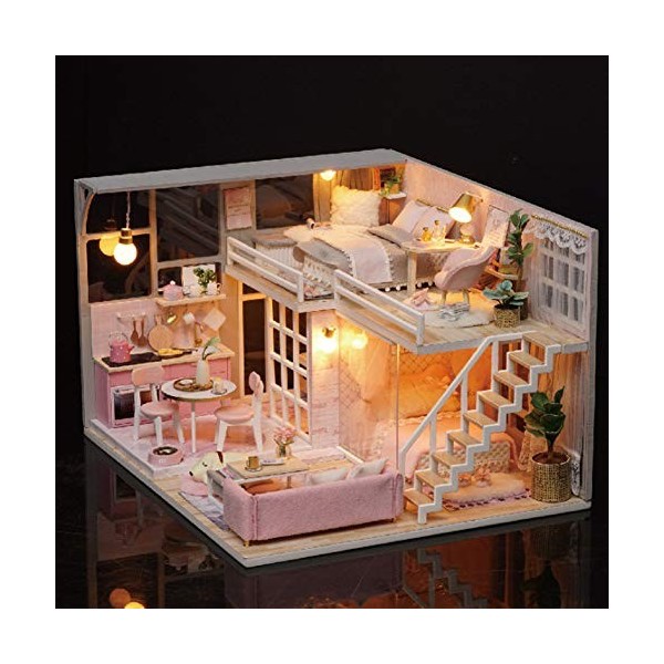 Miniatures de Maison de Poupée, Kit de Maison de Poupée avec Meubles et Lumière LED, Kit de Maison Miniature Bricolage, Cadea