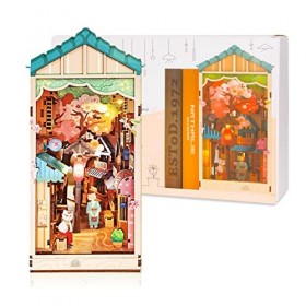 Book Nook Casse-tête 3D en bois à faire soi-même, maisons de poupées à LED, décoration détagère, support de livre de ville, 