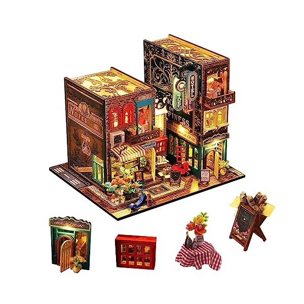 Serre-livres 3D pour maison de poupée miniature en bois, mini maison de poupée faite à la main avec LED, échelle 1:24, jouets