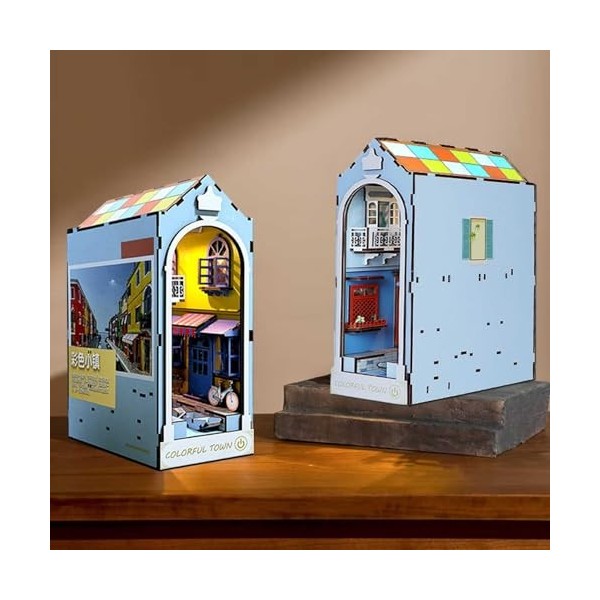 Book Nook Assemble Kit, Allée Dinsertion Détagère de Puzzle en Bois, Booknook Miniature de Maison de Poupée 3D avec Lumière