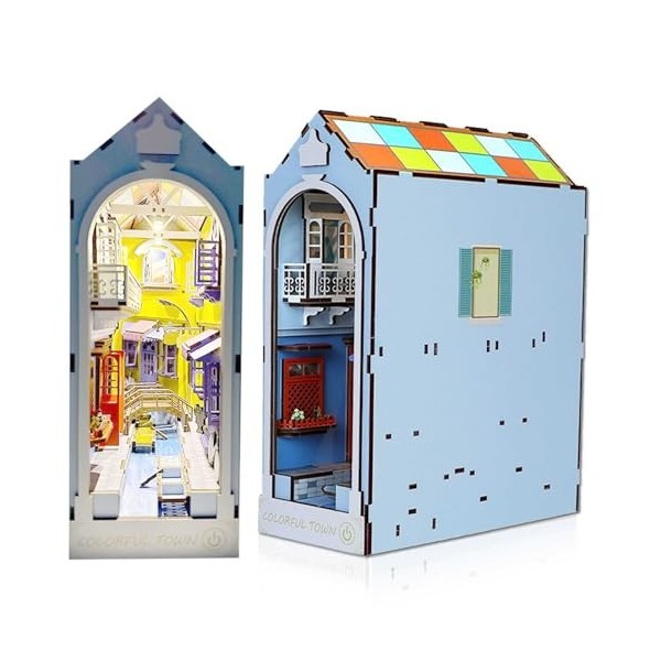 Book Nook Assemble Kit, Allée Dinsertion Détagère de Puzzle en Bois, Booknook Miniature de Maison de Poupée 3D avec Lumière