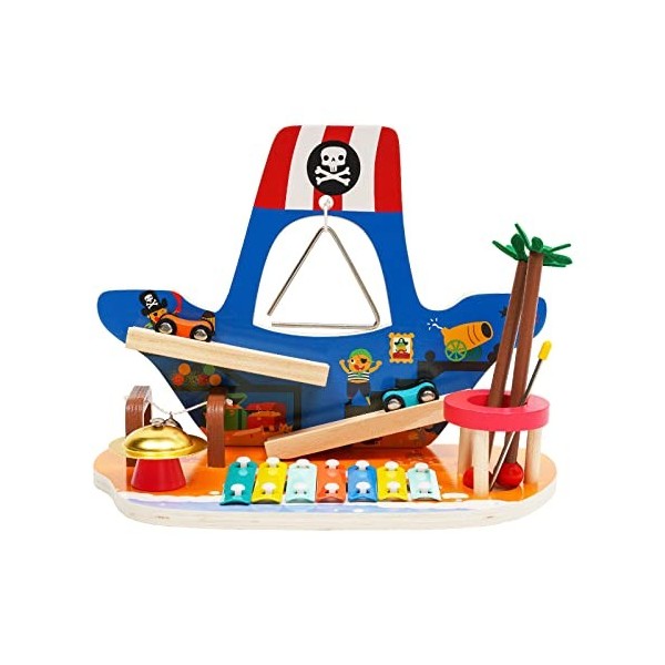 NUKied Instruments de Musique Xylophone pour Enfants en Bois,Jouet Musical combiné Bateau Pirate,Jouet Rampe de Voiture en Bo