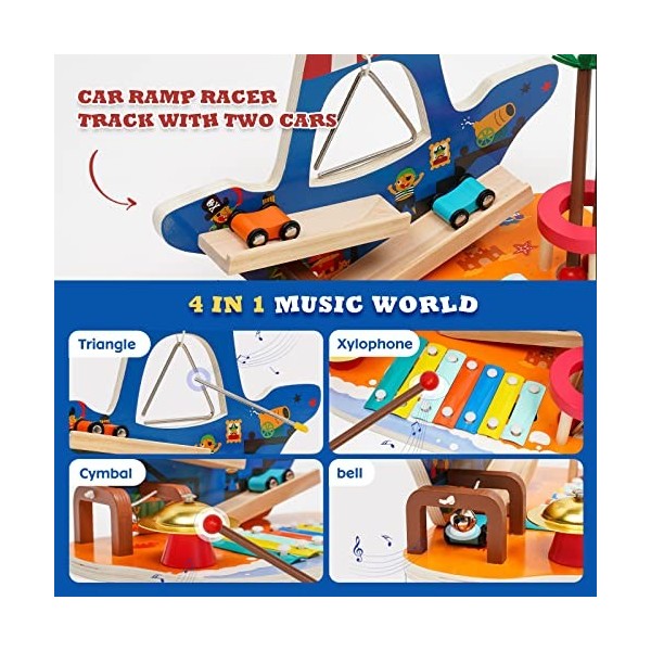 NUKied Instruments de Musique Xylophone pour Enfants en Bois,Jouet Musical combiné Bateau Pirate,Jouet Rampe de Voiture en Bo