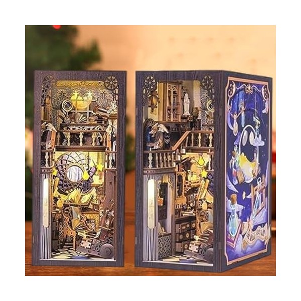 Puzzle 3D Bois DIY Book Nook Kit de Maison de Poupées Miniatures avec Cache-Poussière et Lumière LED,Serre-Livres dart,Kits 