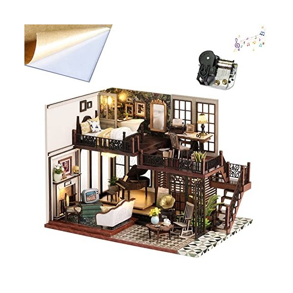 TOPBSFARNY Kit de maison de poupée miniature en bois avec lumières LED et housse anti-poussière pour Noël, Nouvel An, anniver