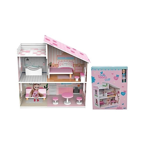 Trendy Teens - Maison de poupée en Bois 48 x 23,8 x 48 cm à Deux Niveaux, avec Accessoires et Mini poupée de Mode 16 cm