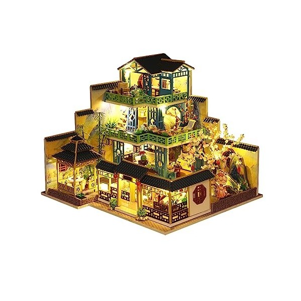 Maison de poupée miniature de style chinois à trois étages, meubles en bois, kit de maison de poupée avec LED créative, cadea