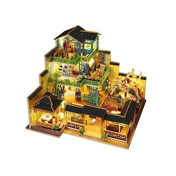 Maison de poupée miniature de style chinois à trois étages, meubles en bois, kit de maison de poupée avec LED créative, cadea