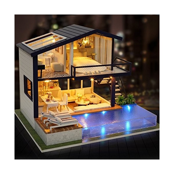 La Vida en Led DIY Maison avec Piscine Miniature Puzzle 3D avec Lumière et Musique Maison DIY Piscine 