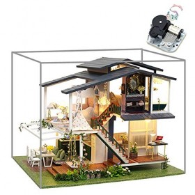 erhumama Maison de poupée à monter soi-même avec housse anti-poussière et musique romantique jardin villa grande maison de po